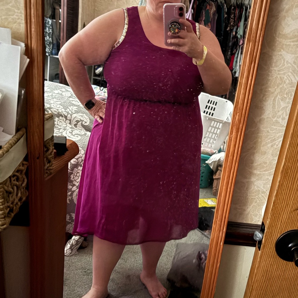 Forever 21 Plus Size 2X Purple High low Sleeveless Dress with gold on arms